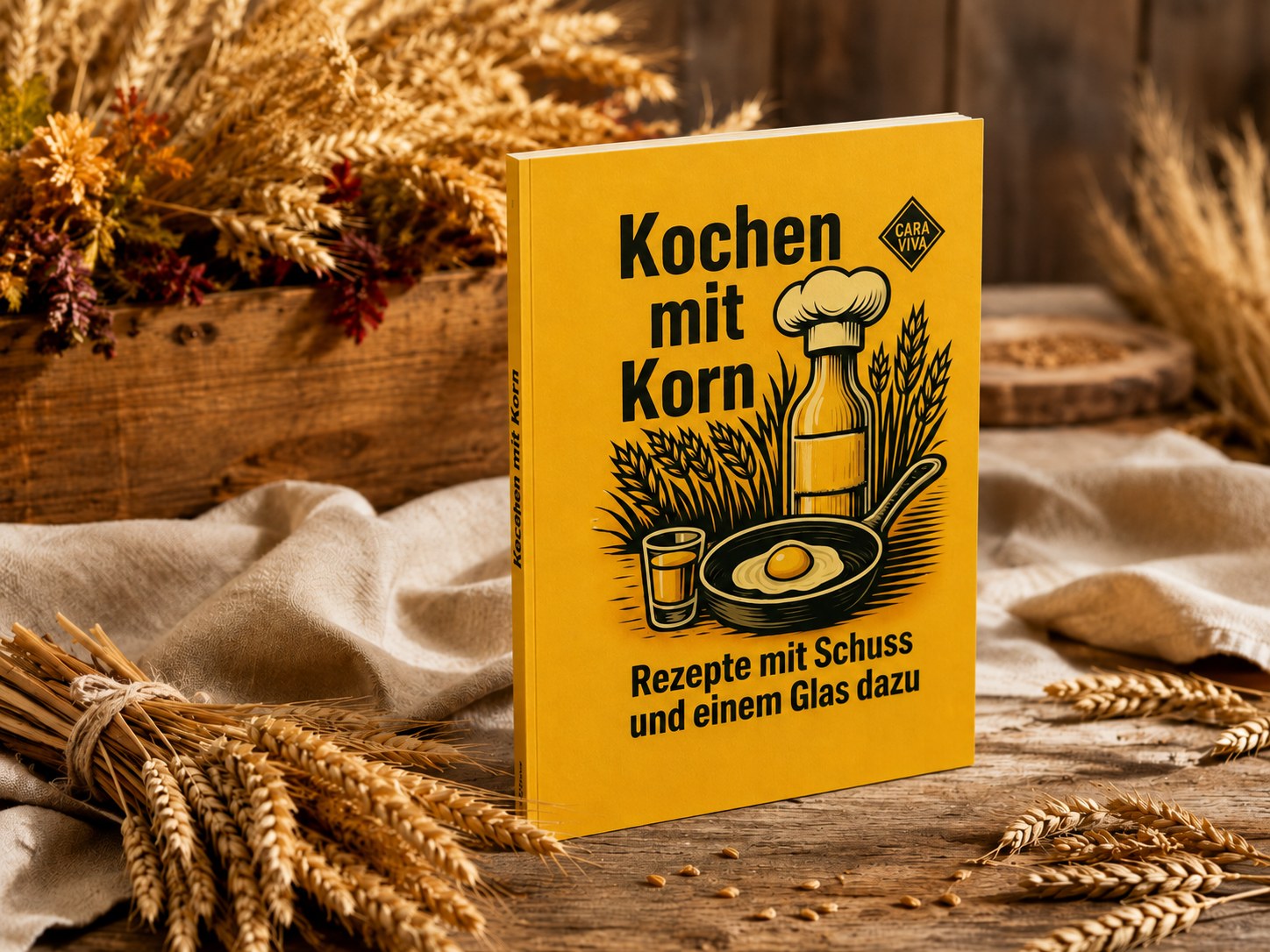 Kochen mit Korn vor einer Holzkiste mit Trockenblumen, davor gebündelte Weizenähren auf einem Leinentuch