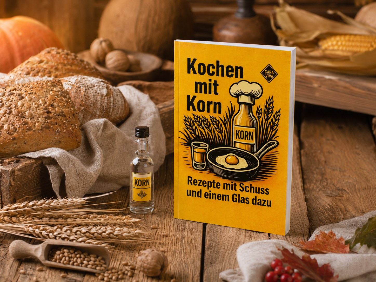 Kochen mit Korn neben Körnerbroten und einer kleinen Kornflasche, davor eine Holzschaufel mit Getreidekörnern