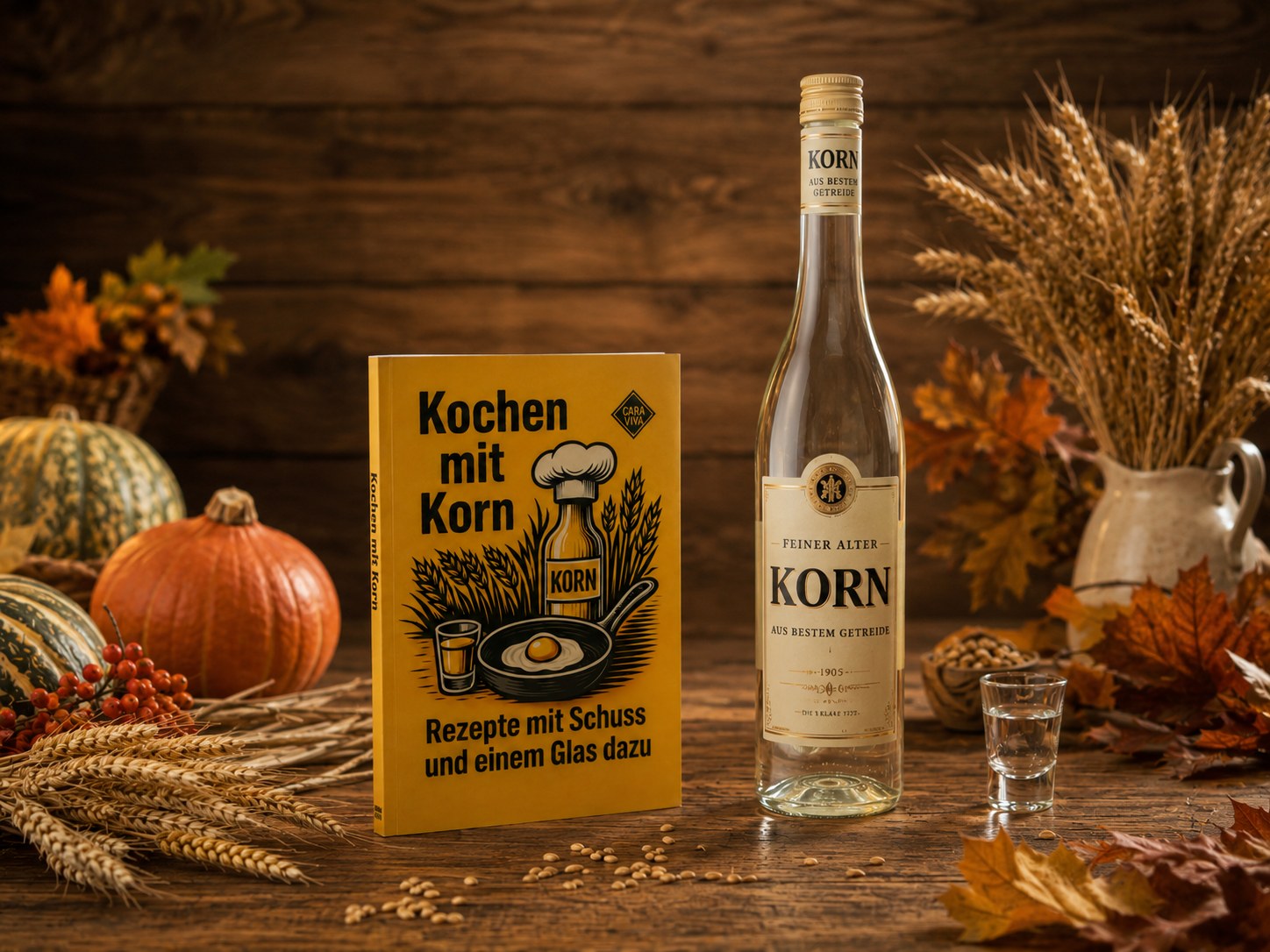Kochen mit Korn neben einer Kornflasche und einem Stamperl, dahinter Kürbisse, Vogelbeeren und ein Steingutkrug