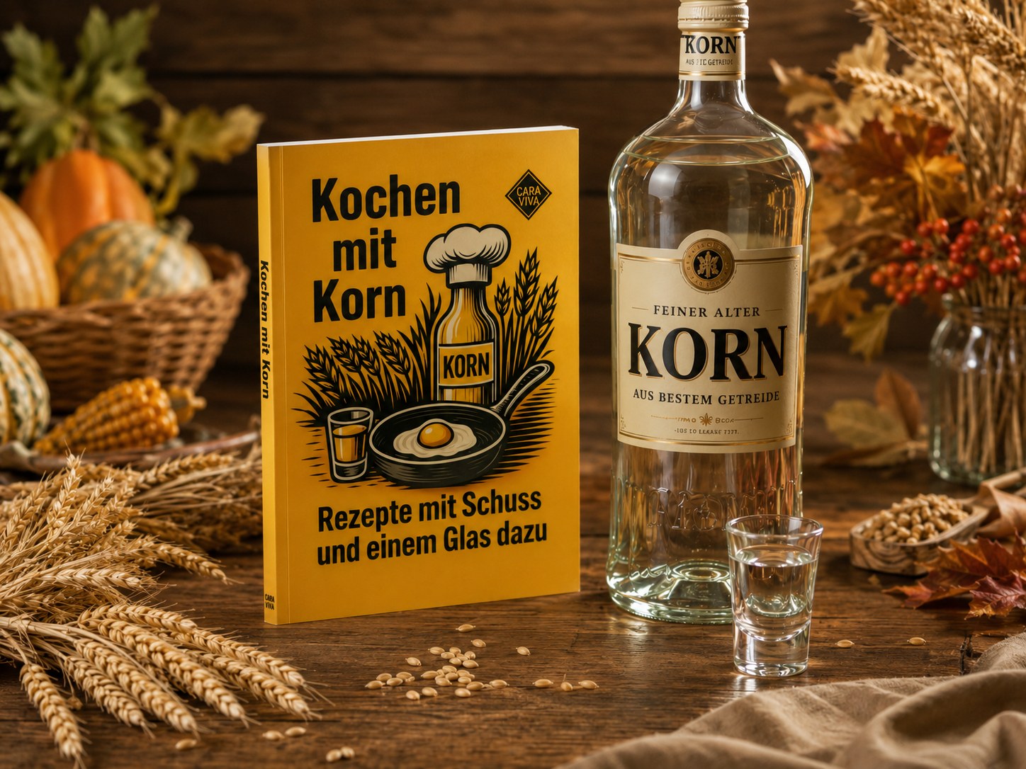 Kochen mit Korn neben einer großen Kornflasche und einem Stamperl, dahinter Zierkürbisse, Mais und Herbstlaub