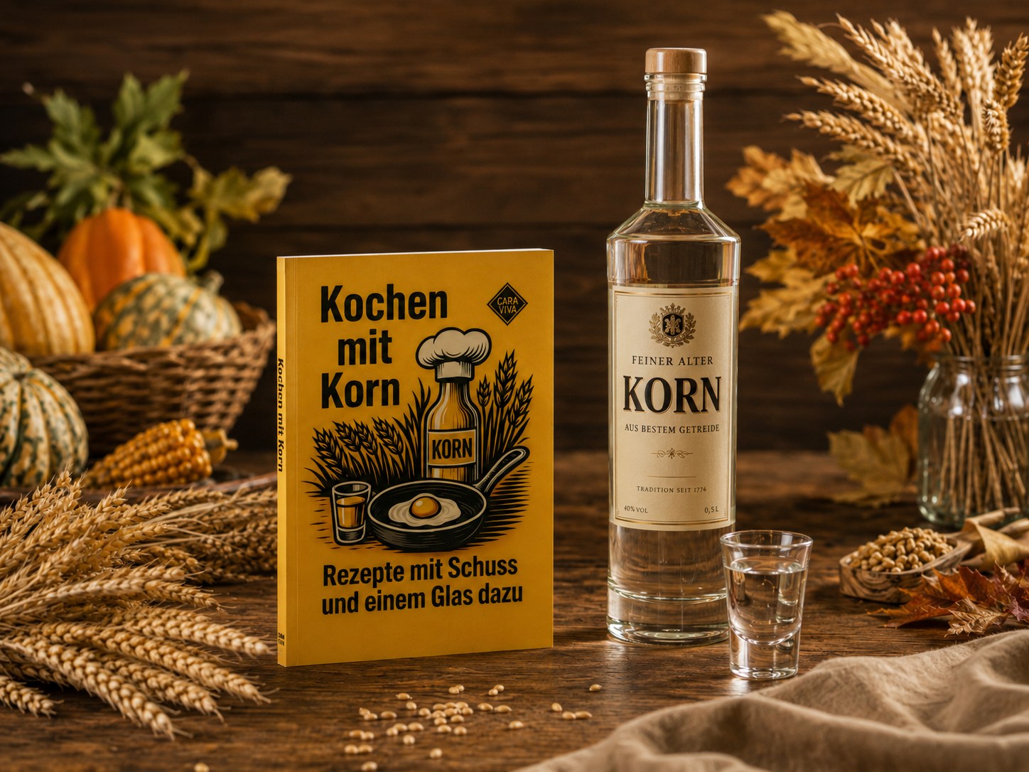Kochen mit Korn neben einer Kornflasche und einem Stamperl, dahinter Zierkürbisse, Mais und Vogelbeeren