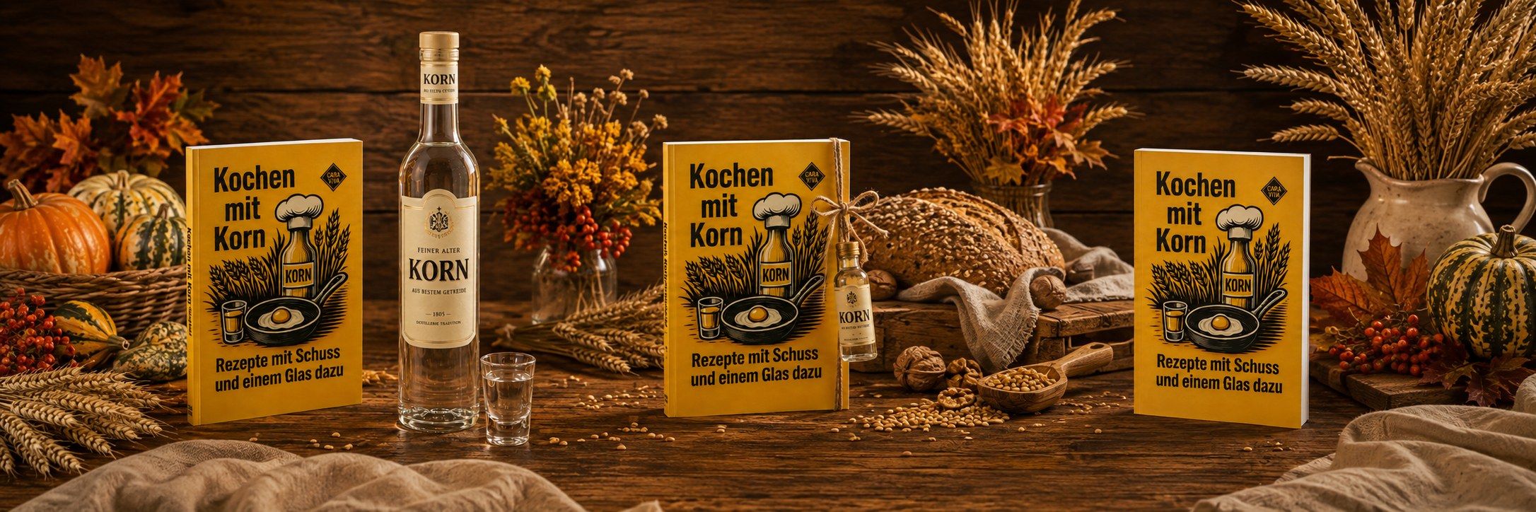 Drei Ausgaben von „Kochen mit Korn“ auf einem Holztisch, dazu eine Kornflasche, Brot, Getreide und Erntedank-Schmuck