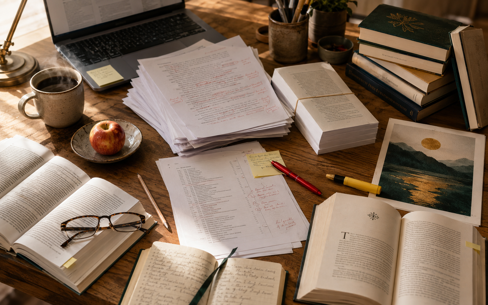 Gestaltungs-Arbeitsplatz mit aufgeschlagenem Buch, Papierproben und Skizzen